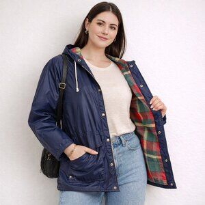 Vintage Sailmaker Womens Hooded Rain Jacket Navy PVC Slicker Plaid Lined Small